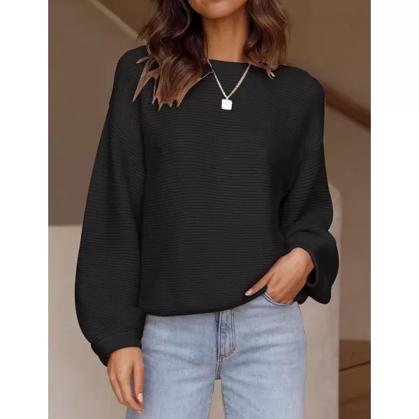imageZESICA Womens 2023 Crew Neck Long Lantern Sleeve Casual Loose Ribbed Knit Solid Soft Pullover Sweater TopsBlack