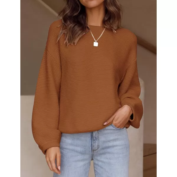 imageZESICA Womens 2023 Crew Neck Long Lantern Sleeve Casual Loose Ribbed Knit Solid Soft Pullover Sweater TopsBrown