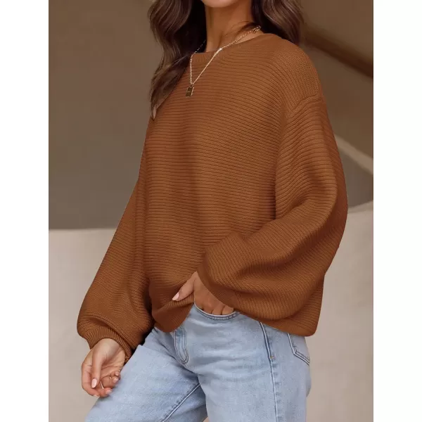 imageZESICA Womens 2023 Crew Neck Long Lantern Sleeve Casual Loose Ribbed Knit Solid Soft Pullover Sweater TopsBrown