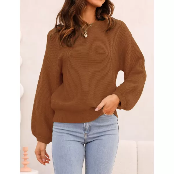 imageZESICA Womens 2023 Crew Neck Long Lantern Sleeve Casual Loose Ribbed Knit Solid Soft Pullover Sweater TopsBrown