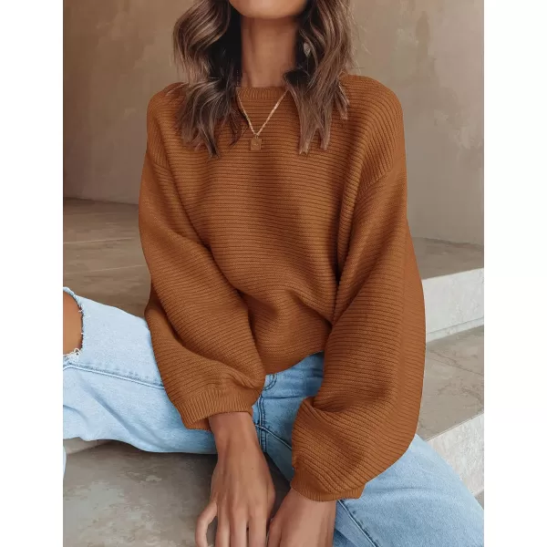 imageZESICA Womens 2023 Crew Neck Long Lantern Sleeve Casual Loose Ribbed Knit Solid Soft Pullover Sweater TopsBrown