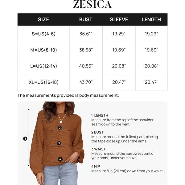 imageZESICA Womens 2023 Crew Neck Long Lantern Sleeve Casual Loose Ribbed Knit Solid Soft Pullover Sweater TopsBrown