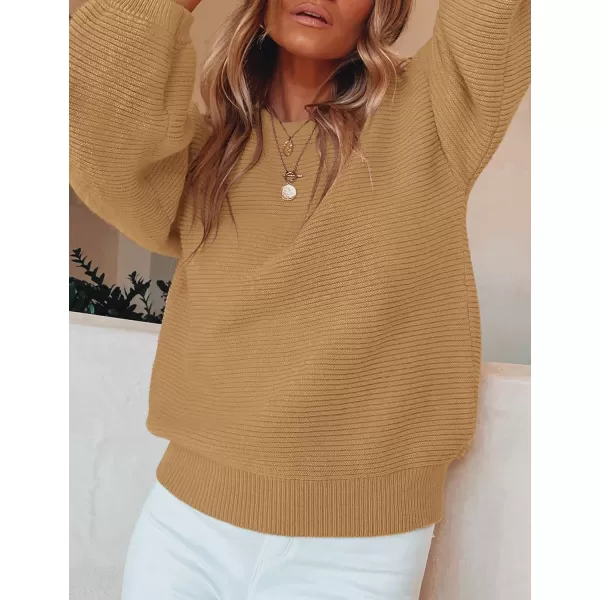 imageZESICA Womens 2023 Crew Neck Long Lantern Sleeve Casual Loose Ribbed Knit Solid Soft Pullover Sweater TopsCamel