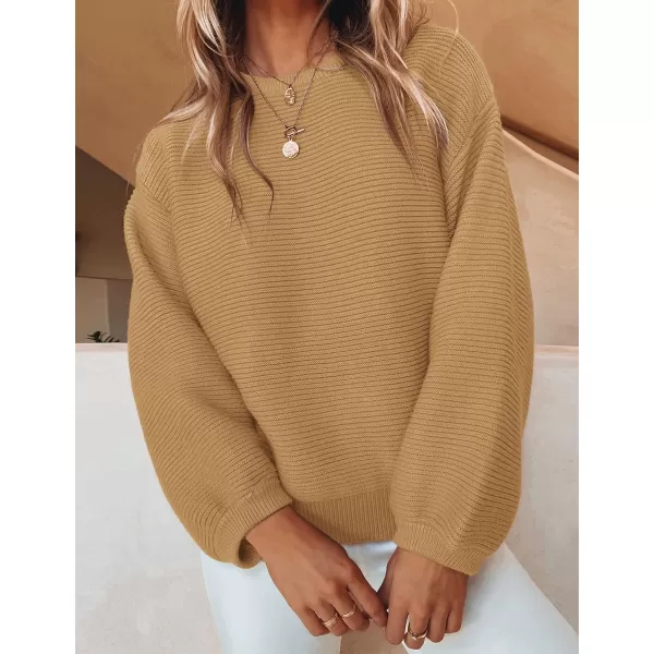 imageZESICA Womens 2023 Crew Neck Long Lantern Sleeve Casual Loose Ribbed Knit Solid Soft Pullover Sweater TopsCamel