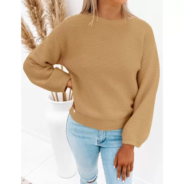 imageZESICA Womens 2023 Crew Neck Long Lantern Sleeve Casual Loose Ribbed Knit Solid Soft Pullover Sweater TopsCamel