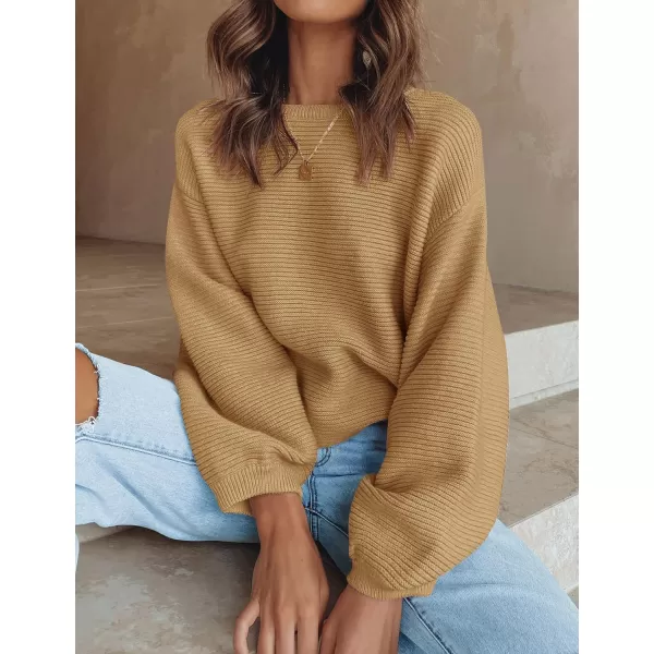 imageZESICA Womens 2023 Crew Neck Long Lantern Sleeve Casual Loose Ribbed Knit Solid Soft Pullover Sweater TopsCamel