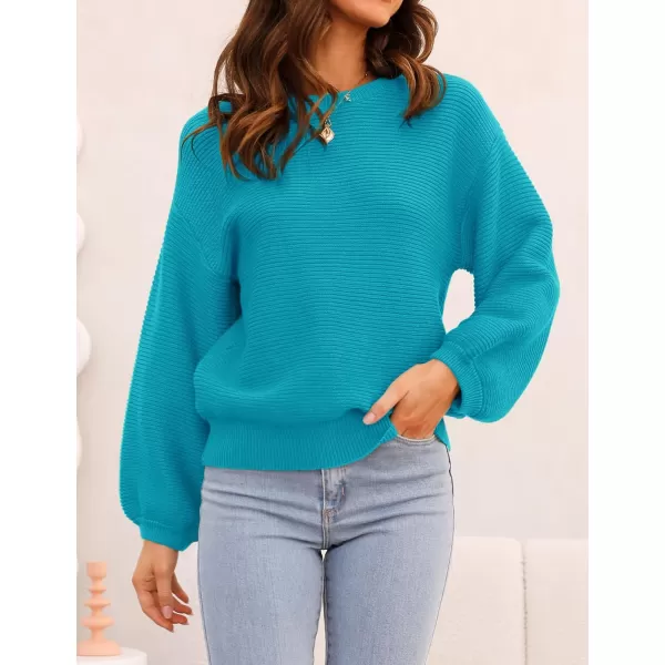 imageZESICA Womens 2023 Crew Neck Long Lantern Sleeve Casual Loose Ribbed Knit Solid Soft Pullover Sweater TopsCobalt