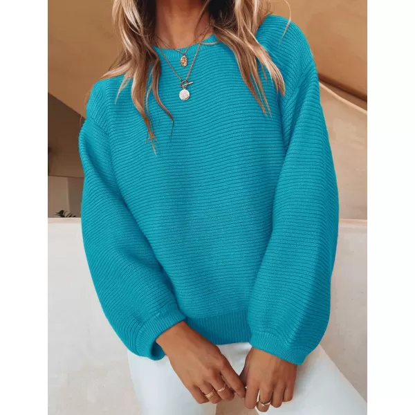 imageZESICA Womens 2023 Crew Neck Long Lantern Sleeve Casual Loose Ribbed Knit Solid Soft Pullover Sweater TopsCobalt