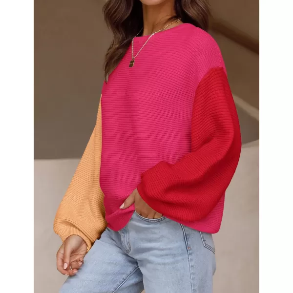 imageZESICA Womens 2023 Crew Neck Long Lantern Sleeve Casual Loose Ribbed Knit Solid Soft Pullover Sweater TopsConstrastrose