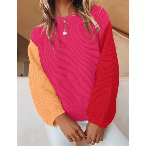 imageZESICA Womens 2023 Crew Neck Long Lantern Sleeve Casual Loose Ribbed Knit Solid Soft Pullover Sweater TopsConstrastrose