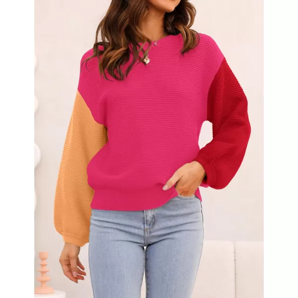 imageZESICA Womens 2023 Crew Neck Long Lantern Sleeve Casual Loose Ribbed Knit Solid Soft Pullover Sweater TopsConstrastrose