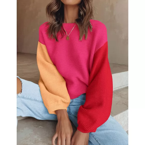 imageZESICA Womens 2023 Crew Neck Long Lantern Sleeve Casual Loose Ribbed Knit Solid Soft Pullover Sweater TopsConstrastrose