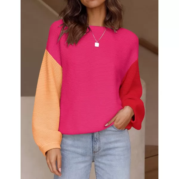 imageZESICA Womens 2023 Crew Neck Long Lantern Sleeve Casual Loose Ribbed Knit Solid Soft Pullover Sweater TopsConstrastrose