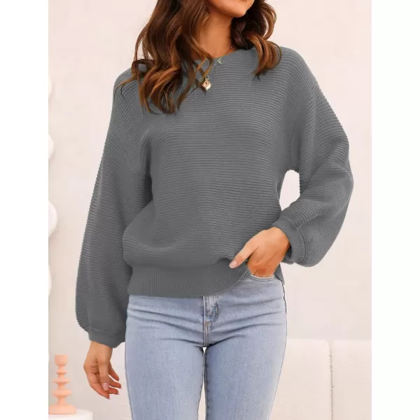 imageZESICA Womens 2023 Crew Neck Long Lantern Sleeve Casual Loose Ribbed Knit Solid Soft Pullover Sweater TopsDarkgrey