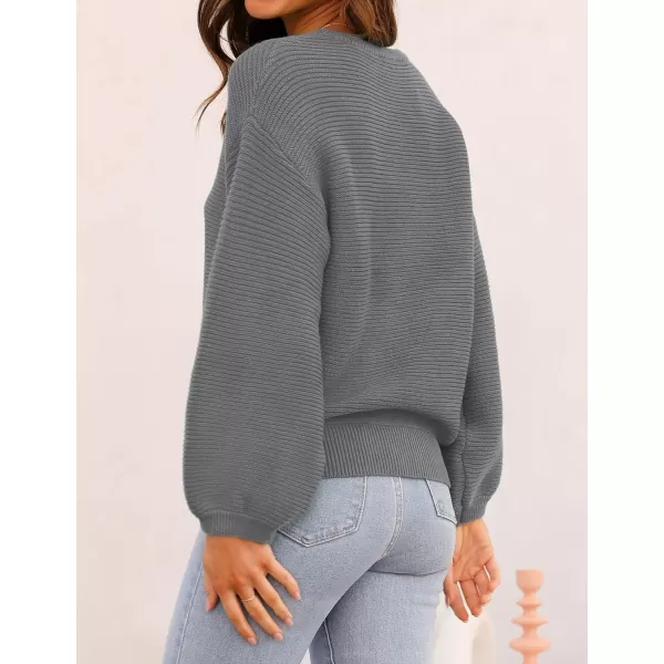imageZESICA Womens 2023 Crew Neck Long Lantern Sleeve Casual Loose Ribbed Knit Solid Soft Pullover Sweater TopsDarkgrey