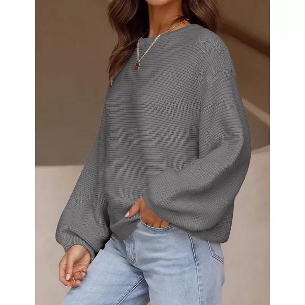 imageZESICA Womens 2023 Crew Neck Long Lantern Sleeve Casual Loose Ribbed Knit Solid Soft Pullover Sweater TopsDarkgrey