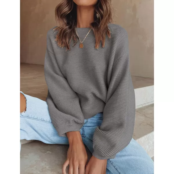 imageZESICA Womens 2023 Crew Neck Long Lantern Sleeve Casual Loose Ribbed Knit Solid Soft Pullover Sweater TopsDarkgrey