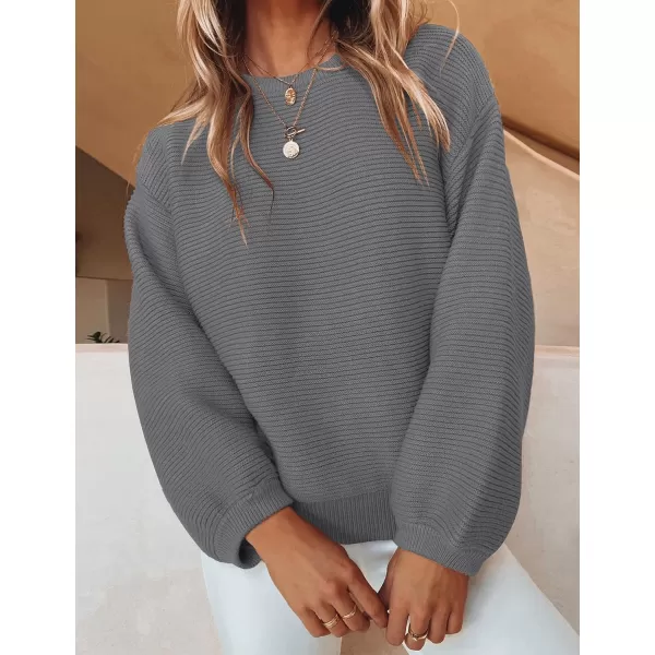 imageZESICA Womens 2023 Crew Neck Long Lantern Sleeve Casual Loose Ribbed Knit Solid Soft Pullover Sweater TopsDarkgrey