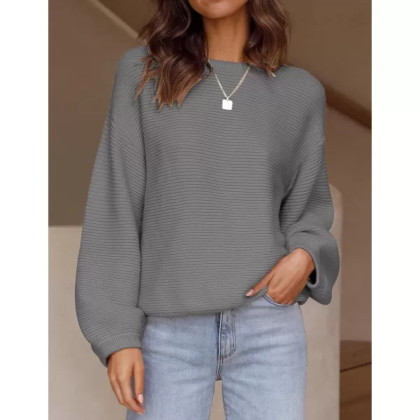 imageZESICA Womens 2023 Crew Neck Long Lantern Sleeve Casual Loose Ribbed Knit Solid Soft Pullover Sweater TopsDarkgrey