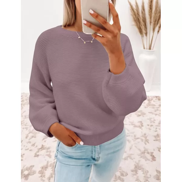 imageZESICA Womens 2023 Crew Neck Long Lantern Sleeve Casual Loose Ribbed Knit Solid Soft Pullover Sweater TopsDarkviolet