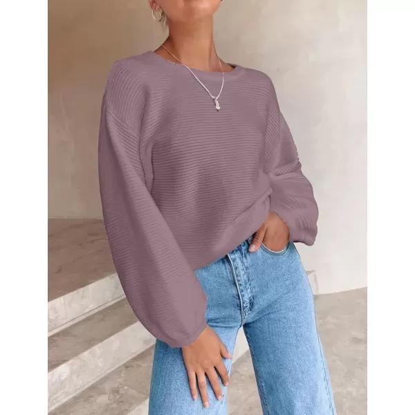 imageZESICA Womens 2023 Crew Neck Long Lantern Sleeve Casual Loose Ribbed Knit Solid Soft Pullover Sweater TopsDarkviolet