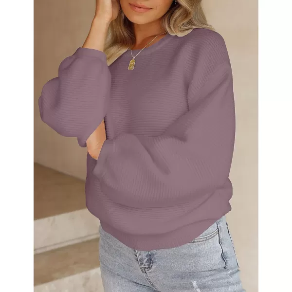 imageZESICA Womens 2023 Crew Neck Long Lantern Sleeve Casual Loose Ribbed Knit Solid Soft Pullover Sweater TopsDarkviolet