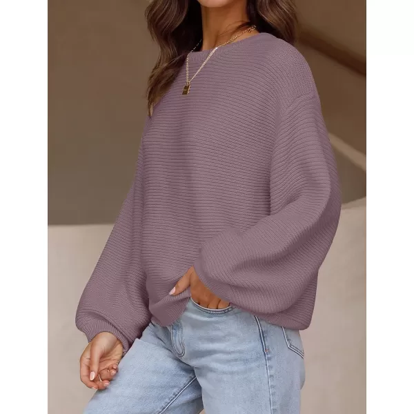 imageZESICA Womens 2023 Crew Neck Long Lantern Sleeve Casual Loose Ribbed Knit Solid Soft Pullover Sweater TopsDarkviolet