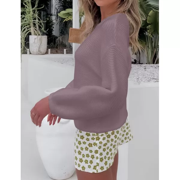 imageZESICA Womens 2023 Crew Neck Long Lantern Sleeve Casual Loose Ribbed Knit Solid Soft Pullover Sweater TopsDarkviolet