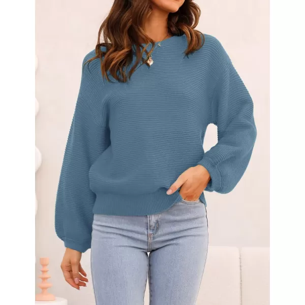 imageZESICA Womens 2023 Crew Neck Long Lantern Sleeve Casual Loose Ribbed Knit Solid Soft Pullover Sweater TopsDustyblue