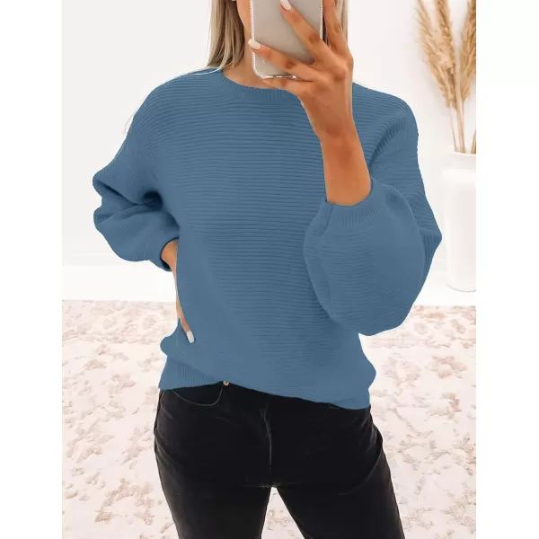 imageZESICA Womens 2023 Crew Neck Long Lantern Sleeve Casual Loose Ribbed Knit Solid Soft Pullover Sweater TopsDustyblue