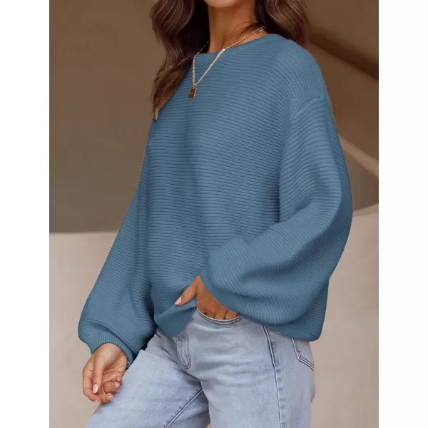 imageZESICA Womens 2023 Crew Neck Long Lantern Sleeve Casual Loose Ribbed Knit Solid Soft Pullover Sweater TopsDustyblue