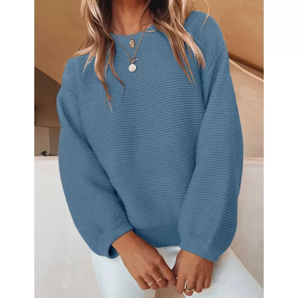 imageZESICA Womens 2023 Crew Neck Long Lantern Sleeve Casual Loose Ribbed Knit Solid Soft Pullover Sweater TopsDustyblue