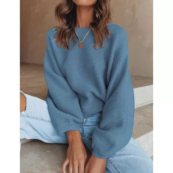 imageZESICA Womens 2023 Crew Neck Long Lantern Sleeve Casual Loose Ribbed Knit Solid Soft Pullover Sweater TopsDustyblue