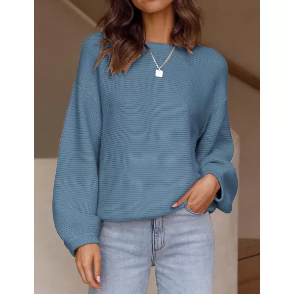 imageZESICA Womens 2023 Crew Neck Long Lantern Sleeve Casual Loose Ribbed Knit Solid Soft Pullover Sweater TopsDustyblue