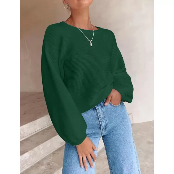 imageZESICA Womens 2023 Crew Neck Long Lantern Sleeve Casual Loose Ribbed Knit Solid Soft Pullover Sweater TopsForestgreen