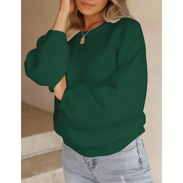 imageZESICA Womens 2023 Crew Neck Long Lantern Sleeve Casual Loose Ribbed Knit Solid Soft Pullover Sweater TopsForestgreen