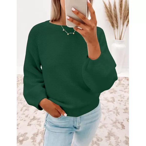 imageZESICA Womens 2023 Crew Neck Long Lantern Sleeve Casual Loose Ribbed Knit Solid Soft Pullover Sweater TopsForestgreen