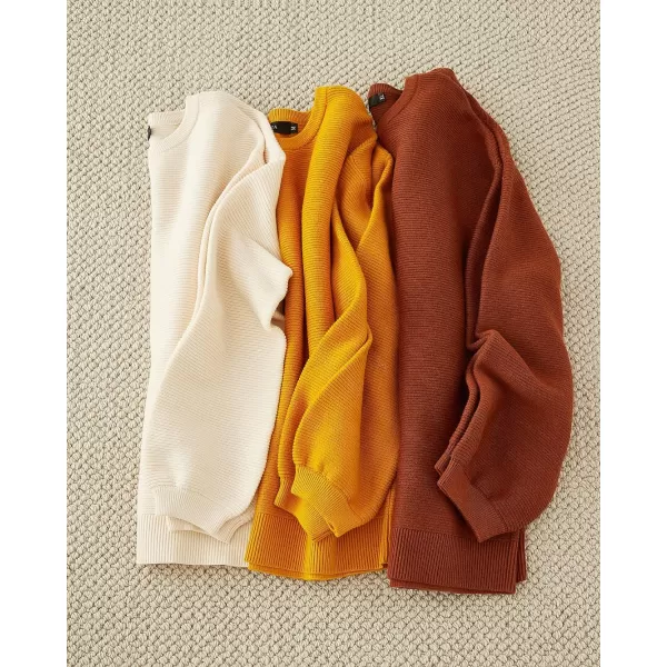 imageZESICA Womens 2023 Crew Neck Long Lantern Sleeve Casual Loose Ribbed Knit Solid Soft Pullover Sweater TopsGinger