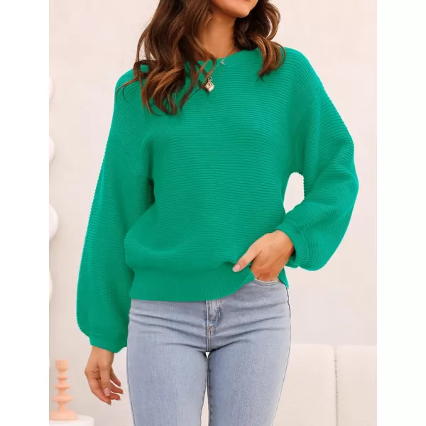 imageZESICA Womens 2023 Crew Neck Long Lantern Sleeve Casual Loose Ribbed Knit Solid Soft Pullover Sweater TopsGreen