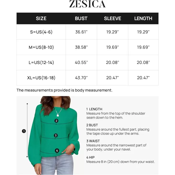 imageZESICA Womens 2023 Crew Neck Long Lantern Sleeve Casual Loose Ribbed Knit Solid Soft Pullover Sweater TopsGreen