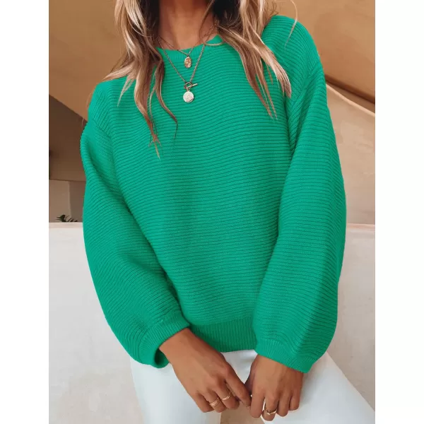 imageZESICA Womens 2023 Crew Neck Long Lantern Sleeve Casual Loose Ribbed Knit Solid Soft Pullover Sweater TopsGreen