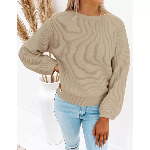 imageZESICA Womens 2023 Crew Neck Long Lantern Sleeve Casual Loose Ribbed Knit Solid Soft Pullover Sweater TopsKhaki