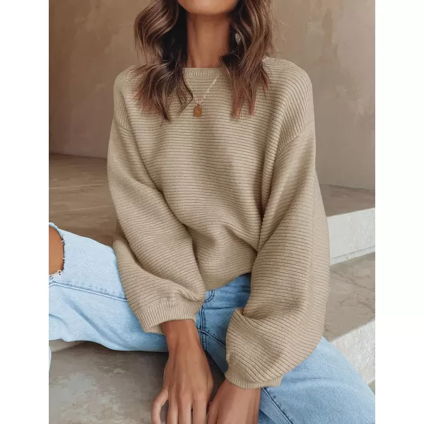 imageZESICA Womens 2023 Crew Neck Long Lantern Sleeve Casual Loose Ribbed Knit Solid Soft Pullover Sweater TopsKhaki