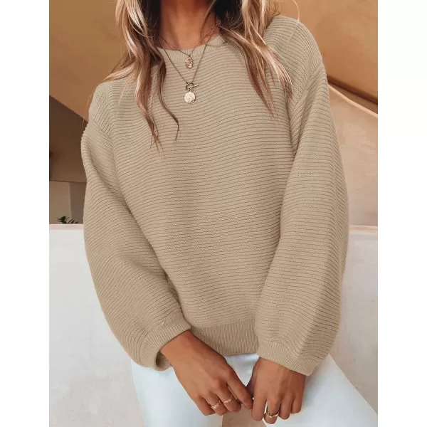 imageZESICA Womens 2023 Crew Neck Long Lantern Sleeve Casual Loose Ribbed Knit Solid Soft Pullover Sweater TopsKhaki
