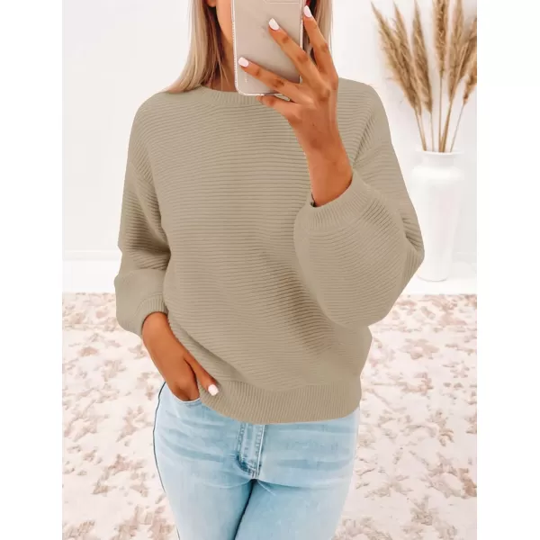 imageZESICA Womens 2023 Crew Neck Long Lantern Sleeve Casual Loose Ribbed Knit Solid Soft Pullover Sweater TopsKhaki