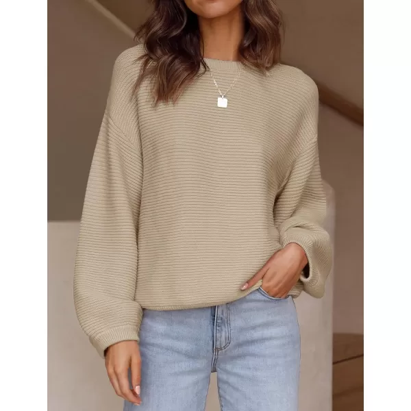 imageZESICA Womens 2023 Crew Neck Long Lantern Sleeve Casual Loose Ribbed Knit Solid Soft Pullover Sweater TopsKhaki