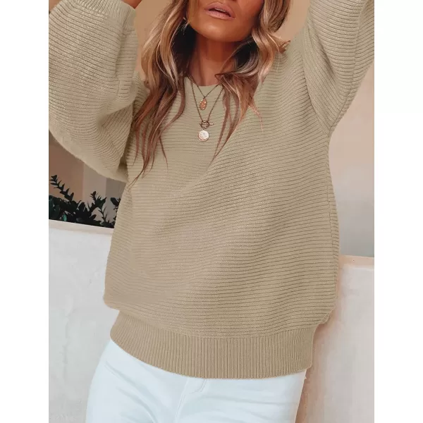 imageZESICA Womens 2023 Crew Neck Long Lantern Sleeve Casual Loose Ribbed Knit Solid Soft Pullover Sweater TopsKhaki