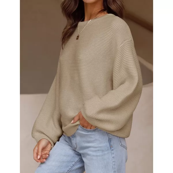 imageZESICA Womens 2023 Crew Neck Long Lantern Sleeve Casual Loose Ribbed Knit Solid Soft Pullover Sweater TopsKhaki