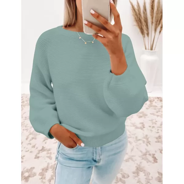 imageZESICA Womens 2023 Crew Neck Long Lantern Sleeve Casual Loose Ribbed Knit Solid Soft Pullover Sweater TopsLake