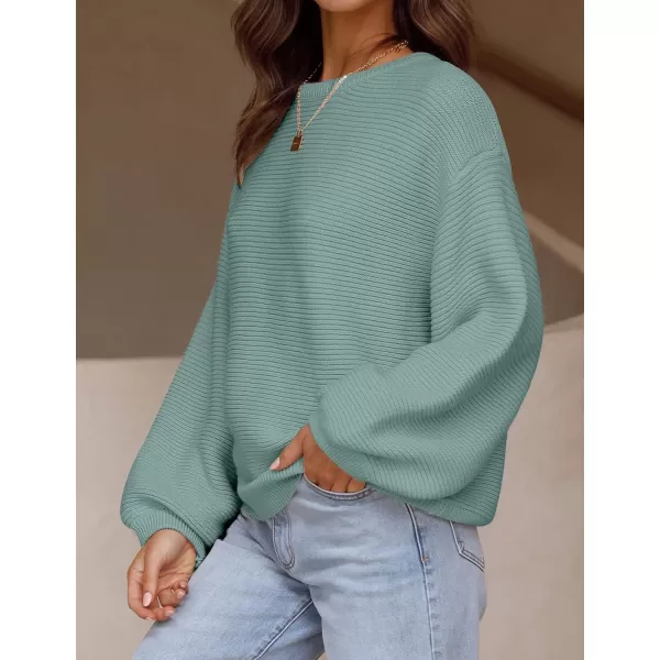 imageZESICA Womens 2023 Crew Neck Long Lantern Sleeve Casual Loose Ribbed Knit Solid Soft Pullover Sweater TopsLake
